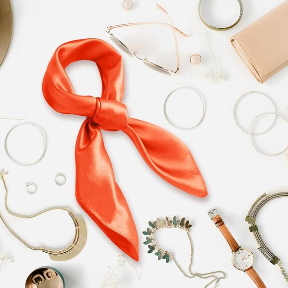 Women's Orange Silk Feeling Scarf 23.6'' Square Satin Scarf Neck Head Bandana - Picture 5 of 7